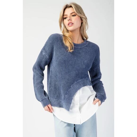 Anthropologie Pilcro Asymmetrical Twofer Blue Chunky Layered Sweater Top Large - Picture 3 of 16